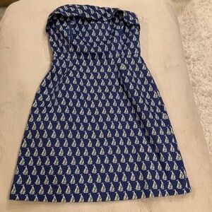 Vineyard Vines Blue Yellow White 2 Strapless MIDI Sailboat Dress Coastal Cottage